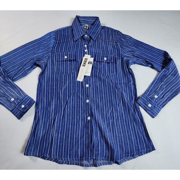 Retro Vertical Striped Button Down Shirt Long Sleeve Mens Size XS Blue - Picture 2 of 8